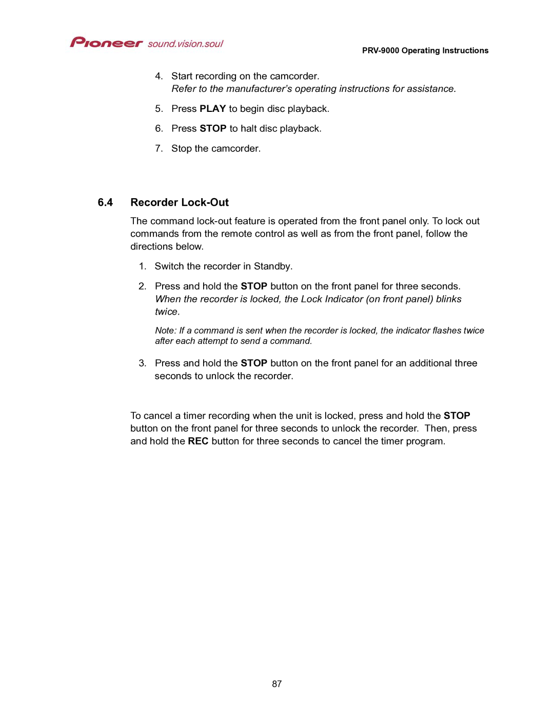 Pioneer PRV-9000 operating instructions Recorder Lock-Out 