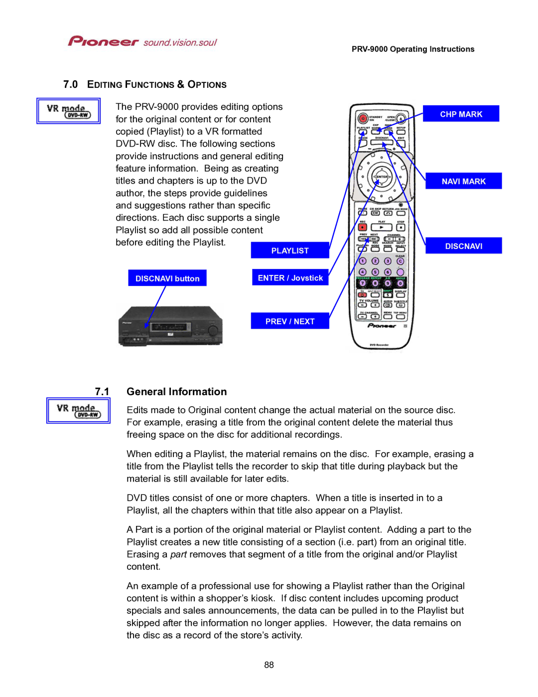 Pioneer PRV-9000 operating instructions General Information 