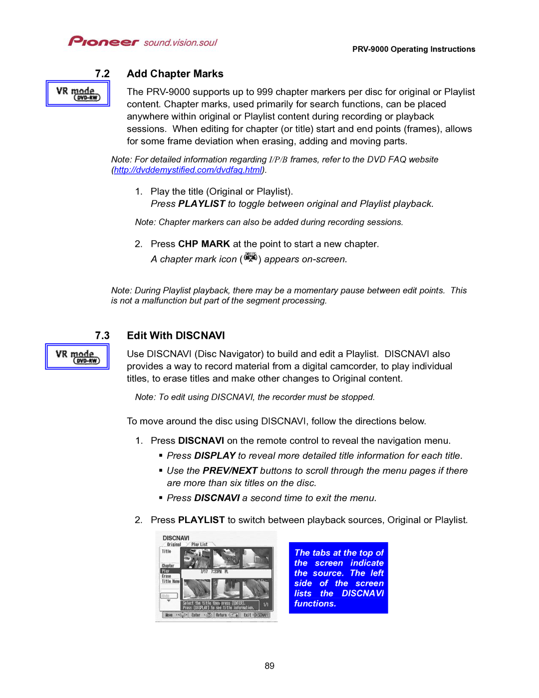 Pioneer PRV-9000 operating instructions Add Chapter Marks, Edit With Discnavi 