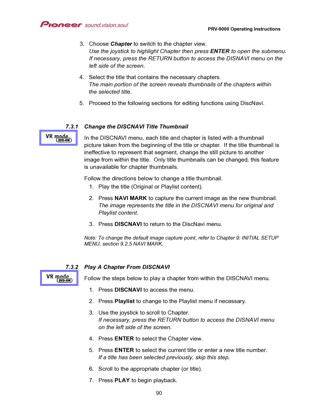 Pioneer PRV-9000 operating instructions Change the Discnavi Title Thumbnail, Play a Chapter From Discnavi 