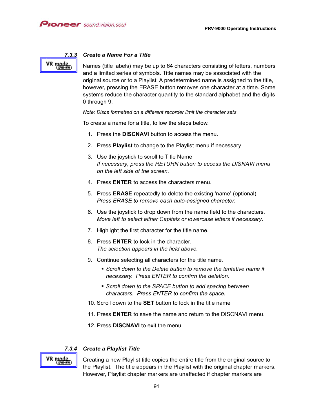 Pioneer PRV-9000 operating instructions Create a Name For a Title, Create a Playlist Title 