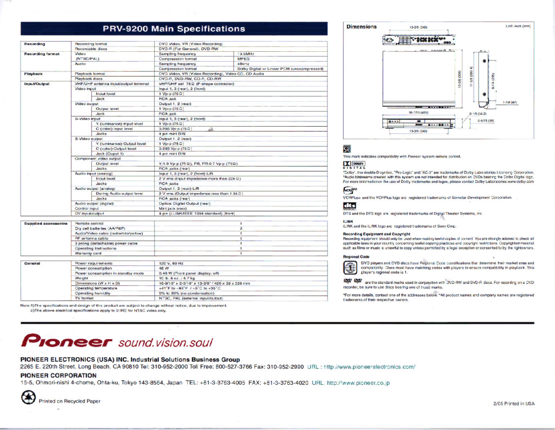 Pioneer PRV-9200 manual 