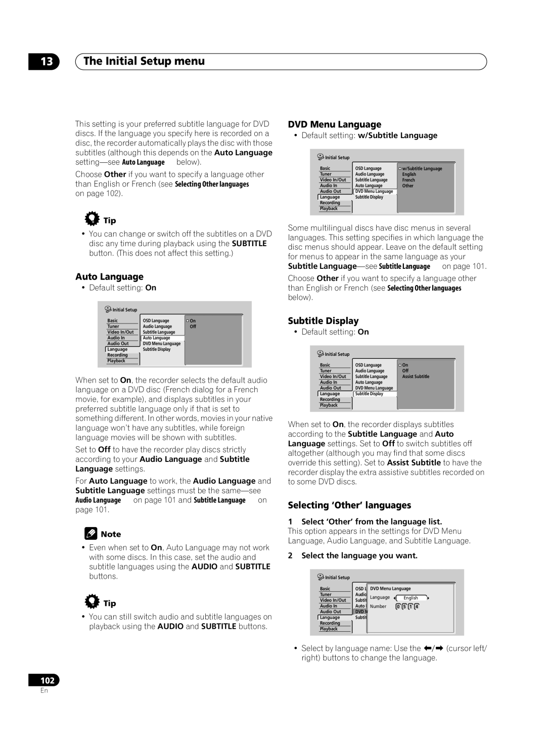 Pioneer PRV-9200 operating instructions Auto Language, DVD Menu Language, Subtitle Display, Selecting ‘Other’ languages 