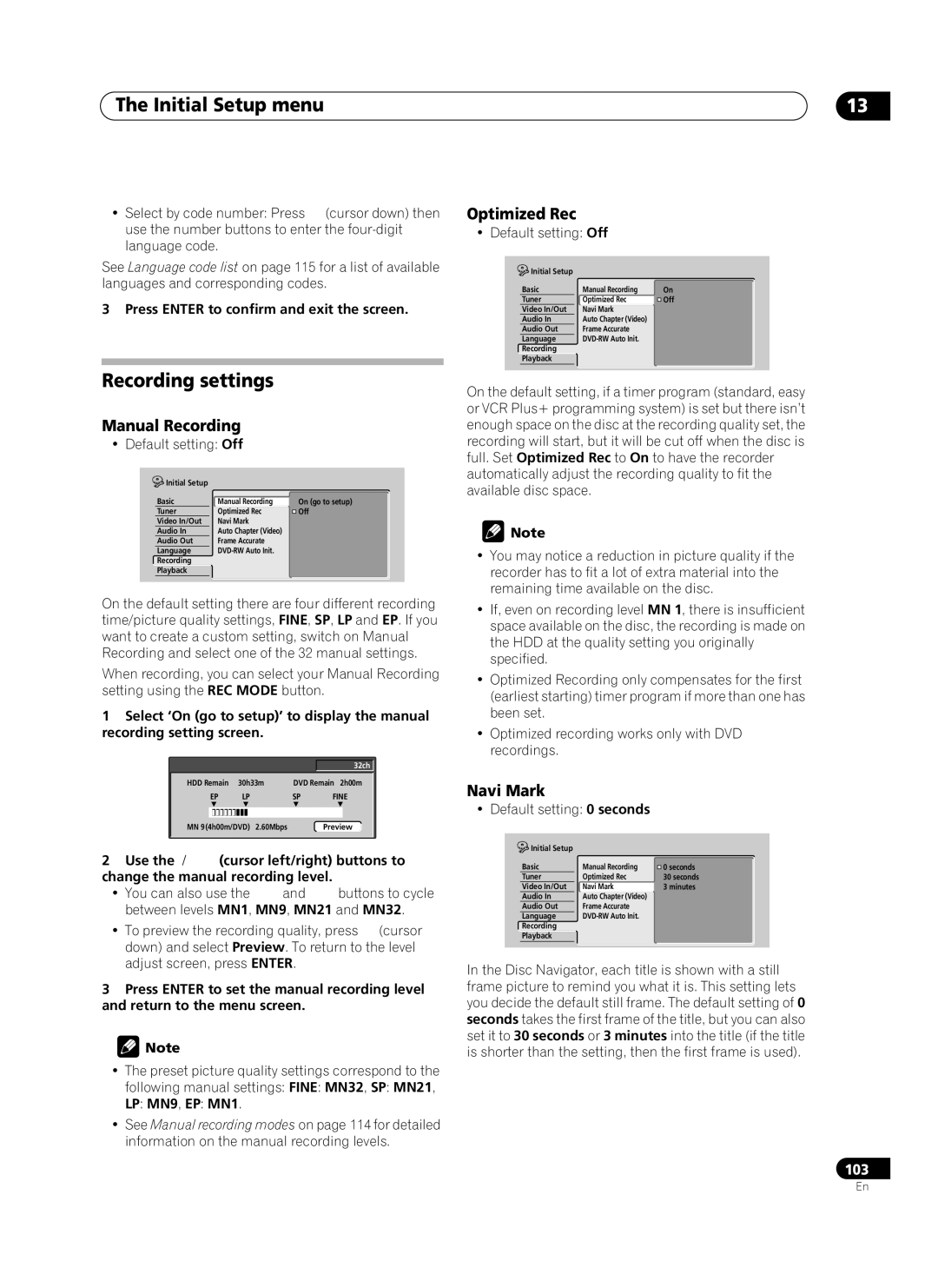 Pioneer PRV-9200 operating instructions Recording settings, Manual Recording, Optimized Rec, Navi Mark 