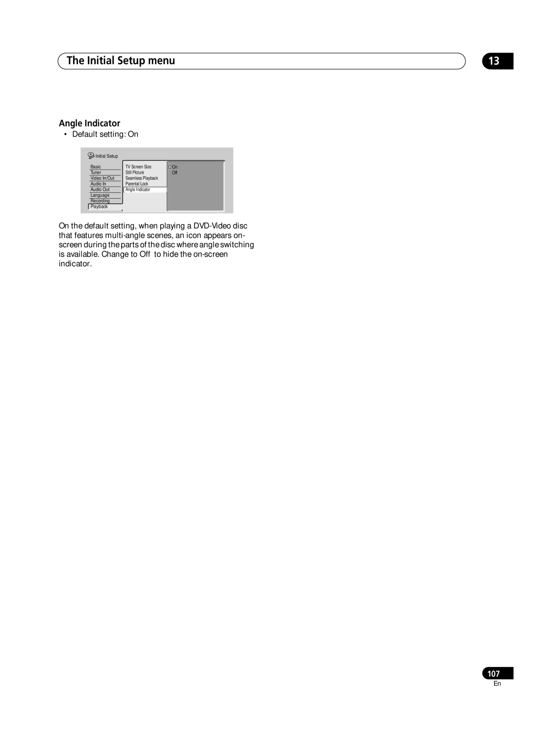 Pioneer PRV-9200 operating instructions Angle Indicator, Default setting On 