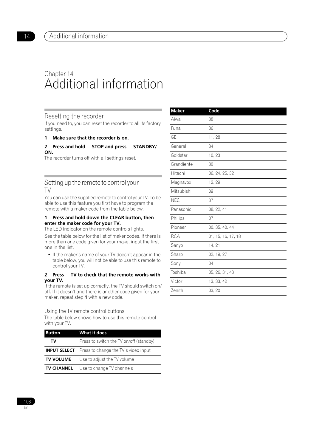 Pioneer PRV-9200 Additional information Chapter, Resetting the recorder, Setting up the remote to control your 