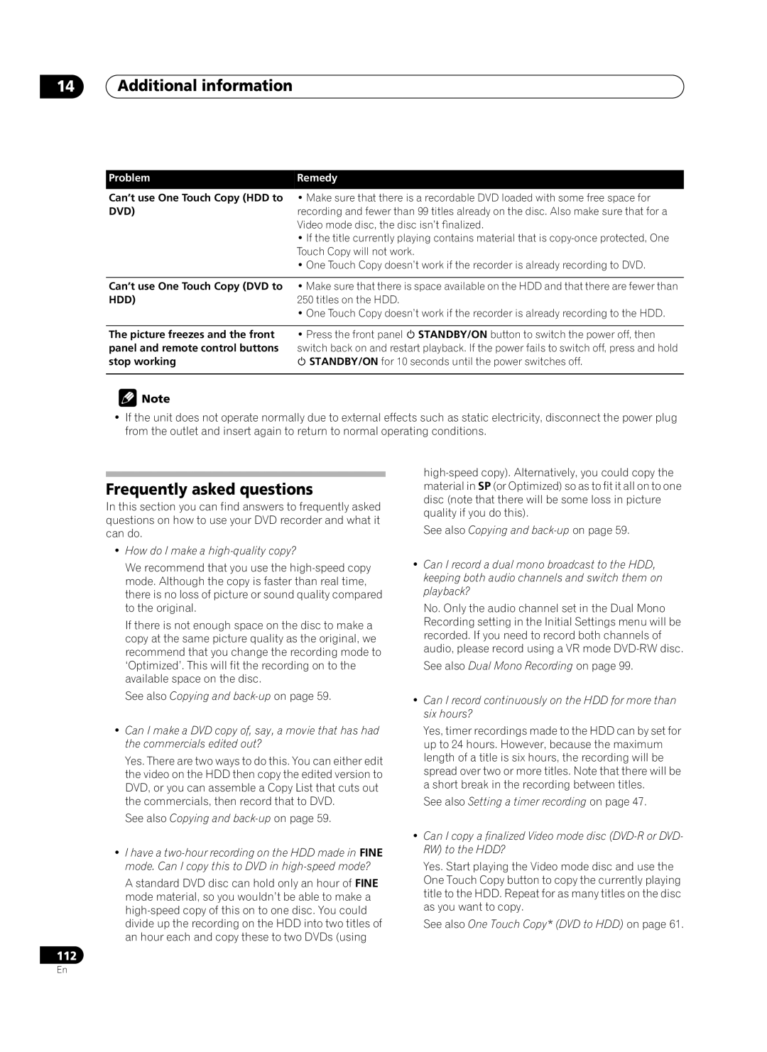 Pioneer PRV-9200 operating instructions Frequently asked questions, Problem, Can’t use One Touch Copy HDD to DVD 