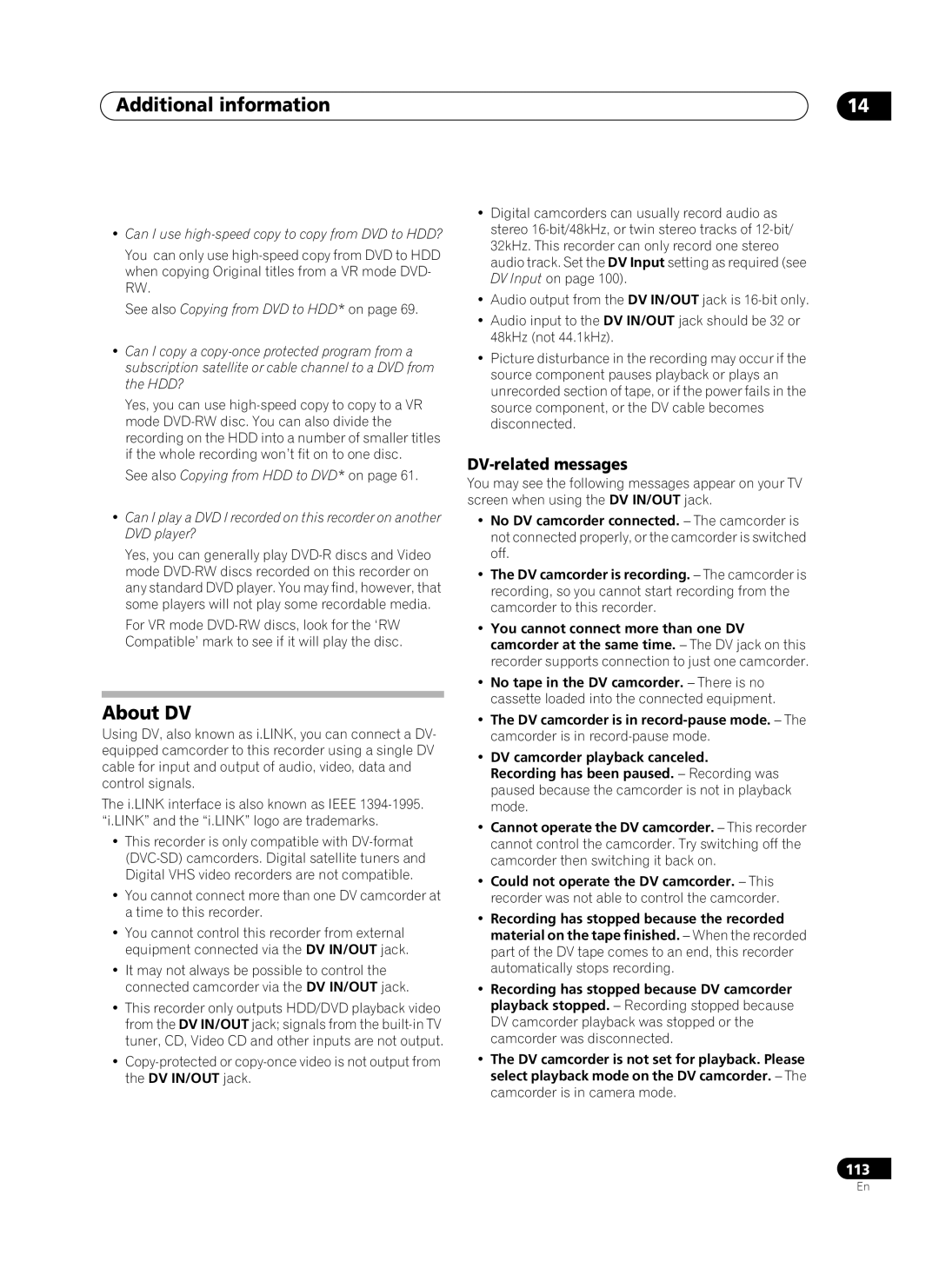 Pioneer PRV-9200 operating instructions About DV, DV-related messages 