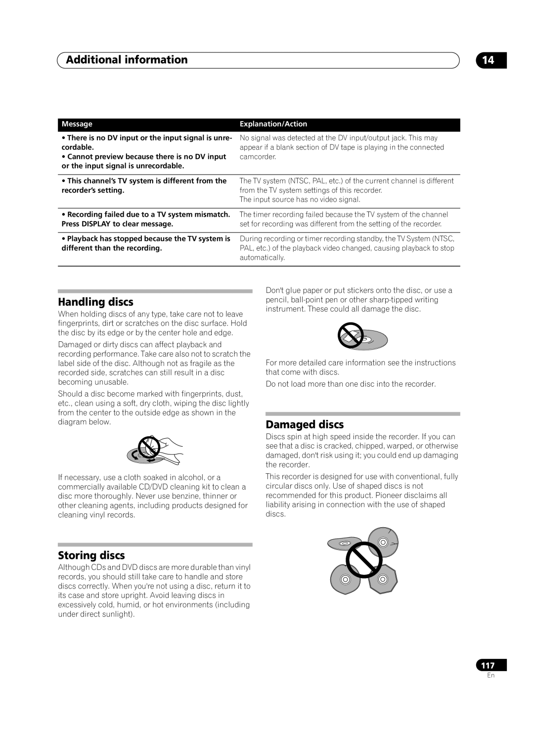 Pioneer PRV-9200 operating instructions Handling discs, Damaged discs, Storing discs, Message Explanation/Action 