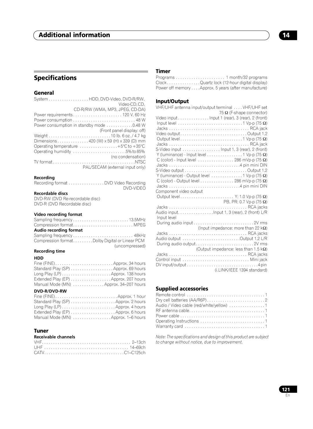 Pioneer PRV-9200 Additional information Specifications, Tuner, Timer, Input/Output, Supplied accessories 