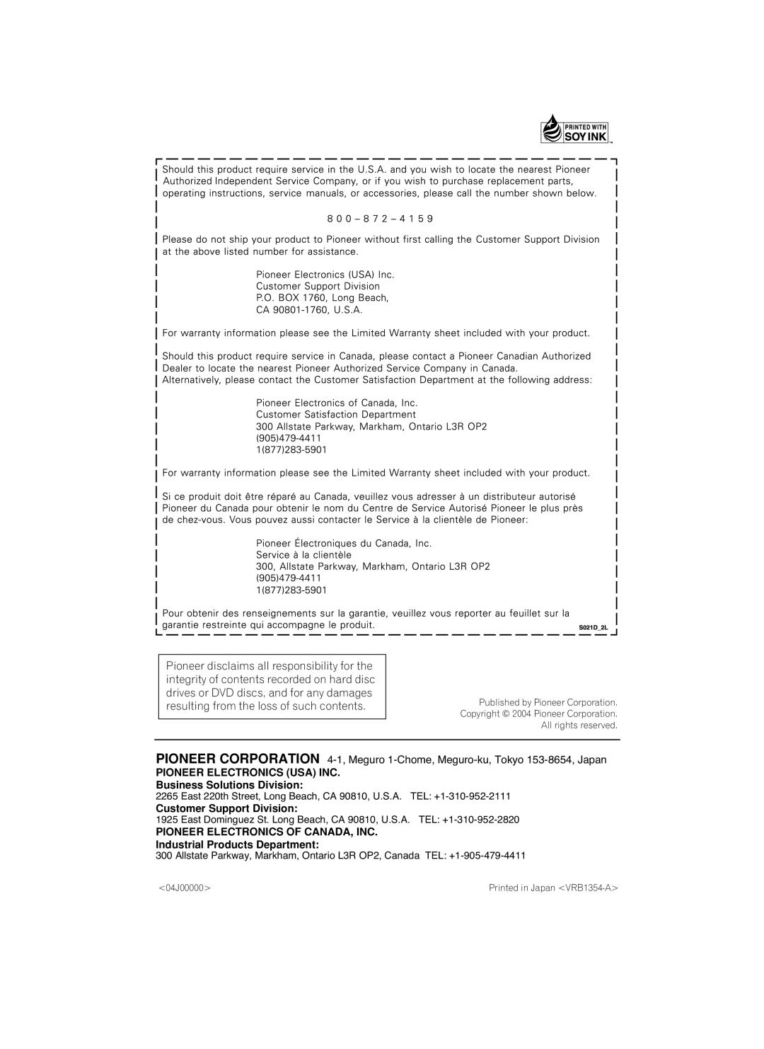 Pioneer PRV-9200 operating instructions Pioneer Electronics USA INC 