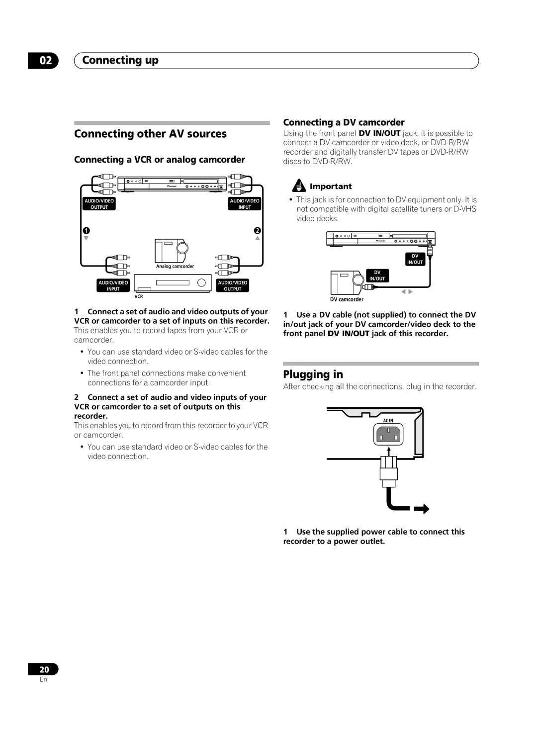 Pioneer PRV-9200 operating instructions Connecting up Connecting other AV sources, Plugging 