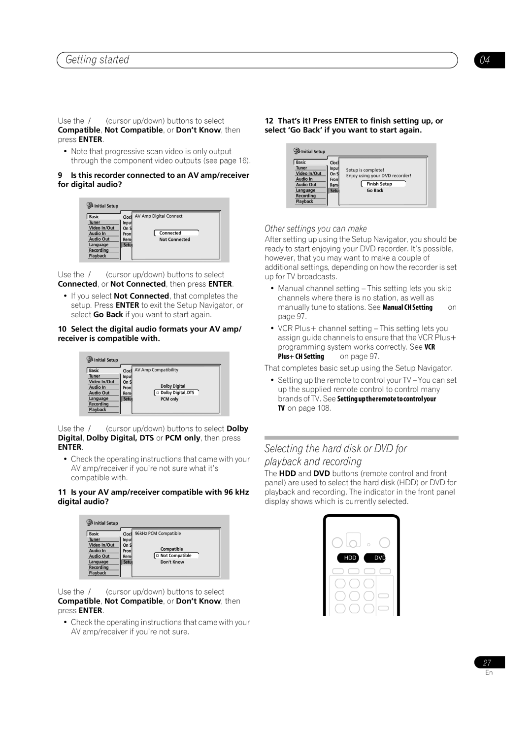 Pioneer PRV-9200 Selecting the hard disk or DVD for playback and recording, Other settings you can make 