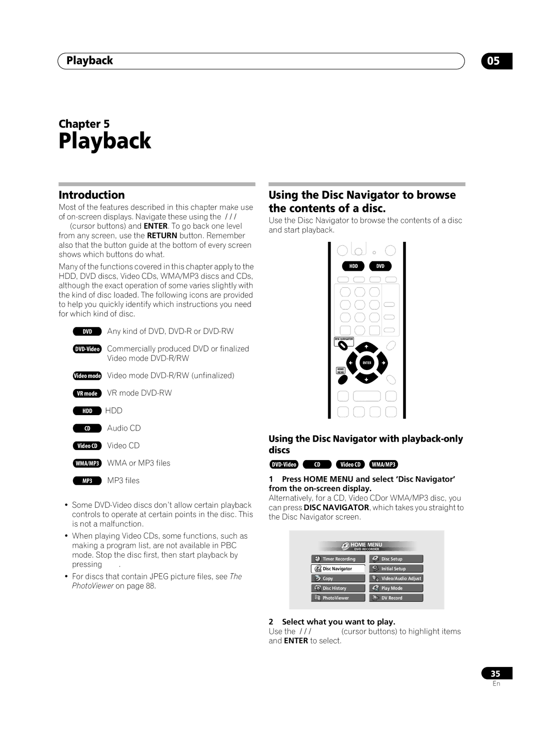 Pioneer PRV-9200 Playback Chapter, Introduction, Using the Disc Navigator to browse the contents of a disc 