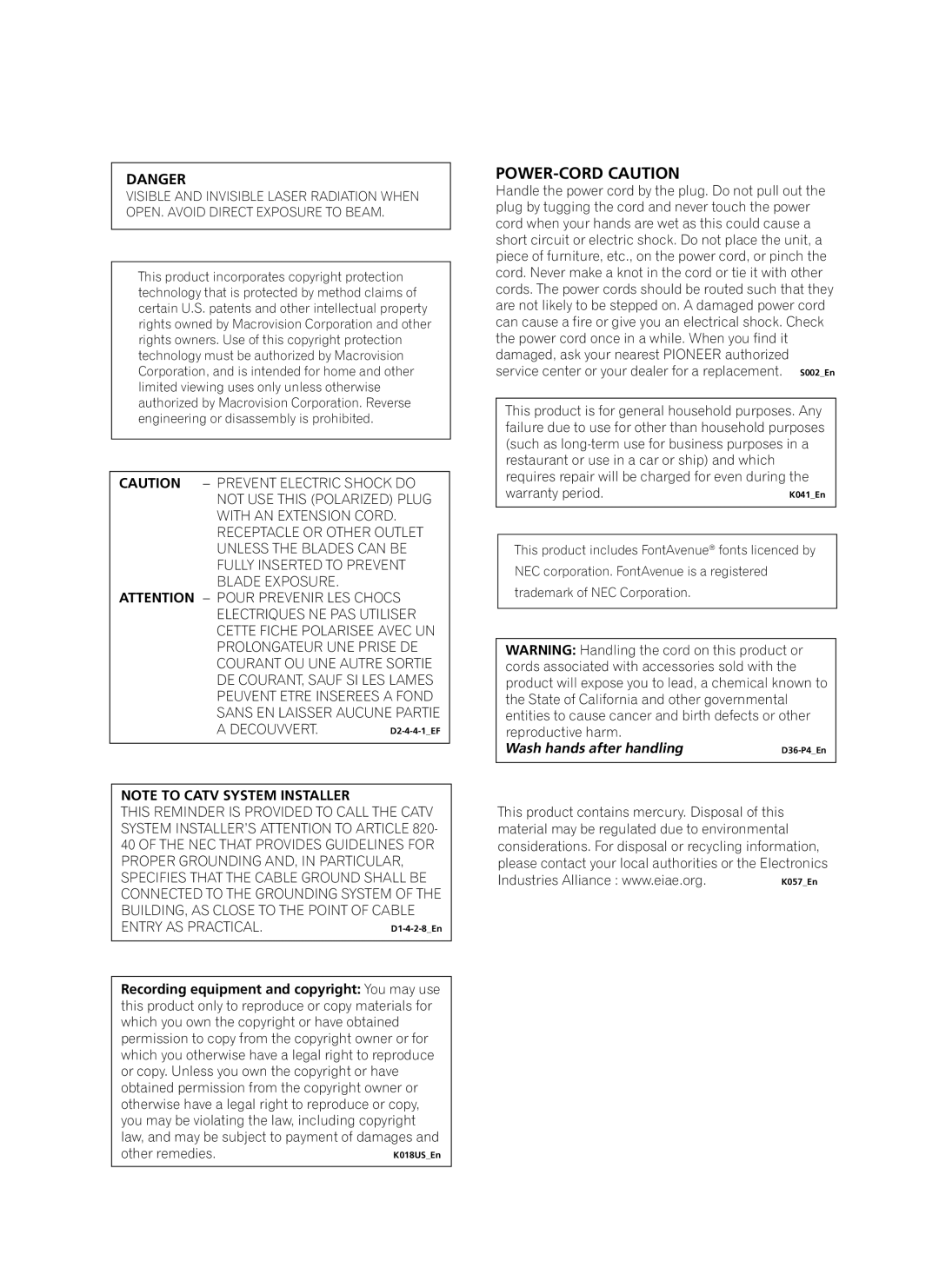 Pioneer PRV-9200 operating instructions POWER-CORD Caution 