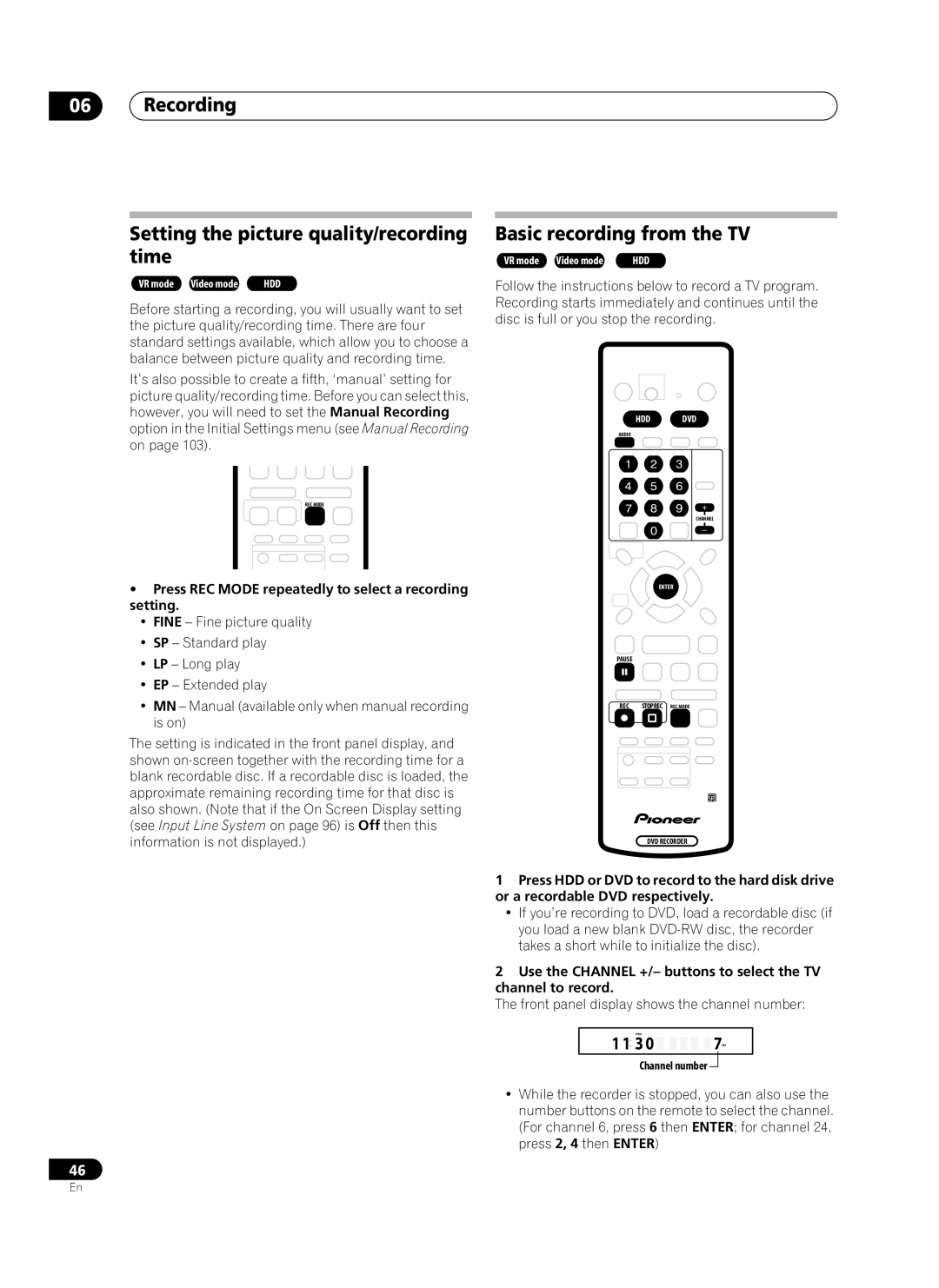 Pioneer PRV-9200 operating instructions Recording Setting the picture quality/recording time, Basic recording from the TV 