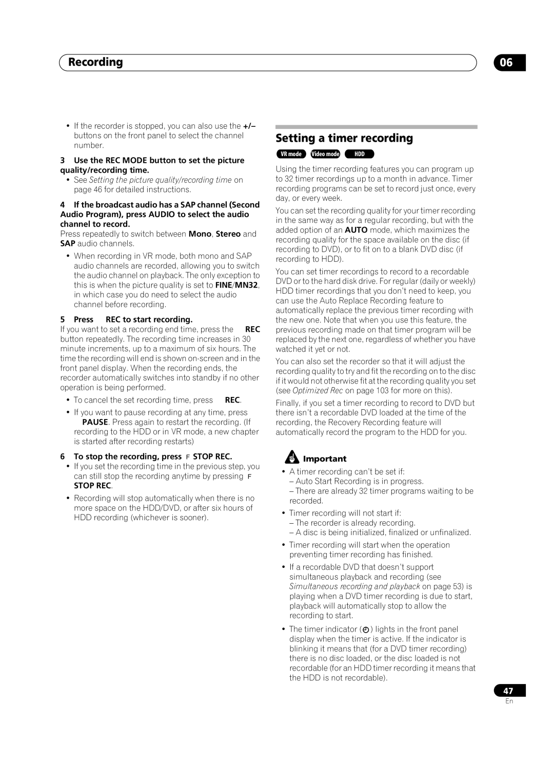 Pioneer PRV-9200 operating instructions Recording, Setting a timer recording, To stop the recording, press Stop REC 