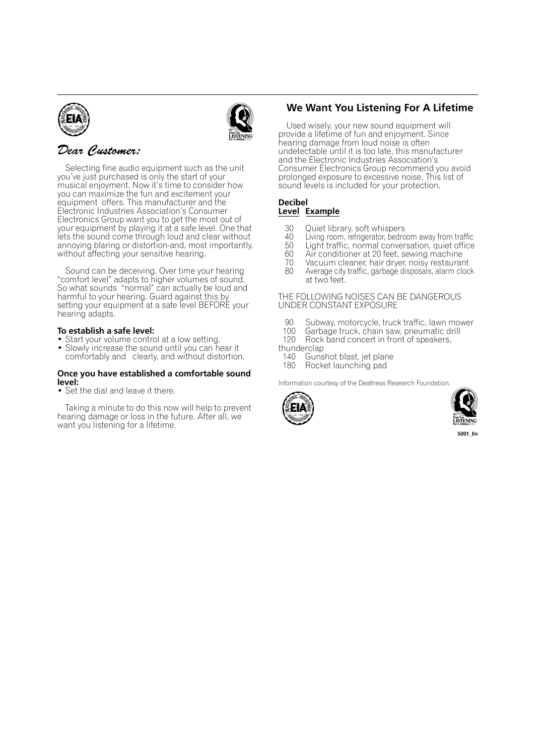 Pioneer PRV-9200 To establish a safe level, Once you have established a comfortable sound level, Decibel Level Example 