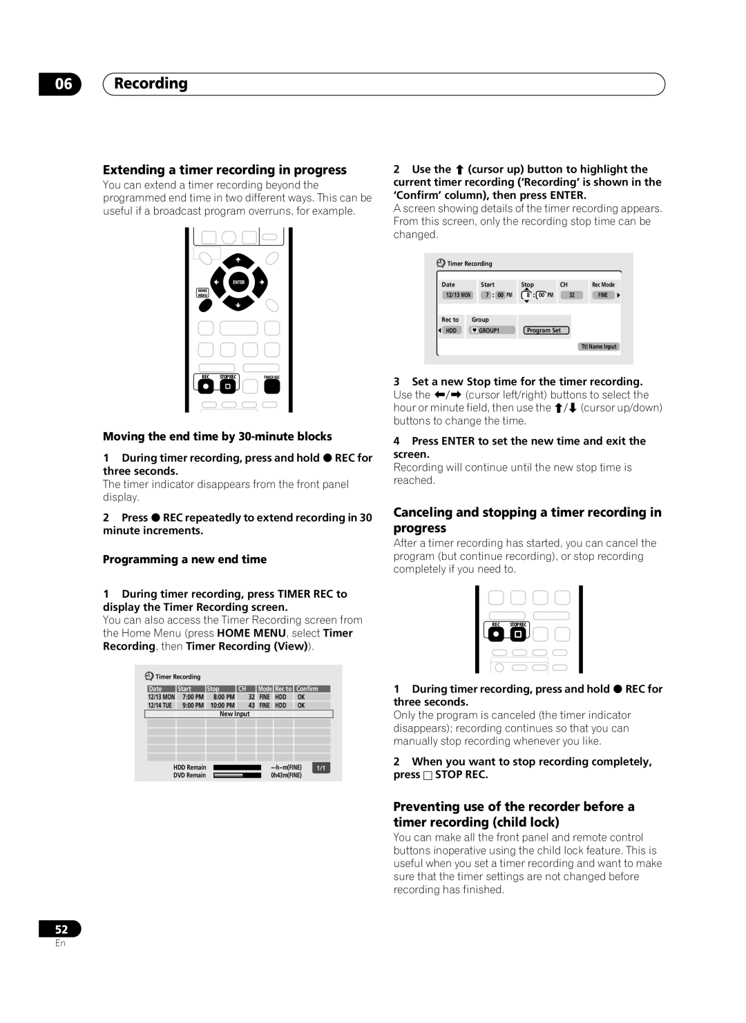 Pioneer PRV-9200 Extending a timer recording in progress, Canceling and stopping a timer recording in progress 