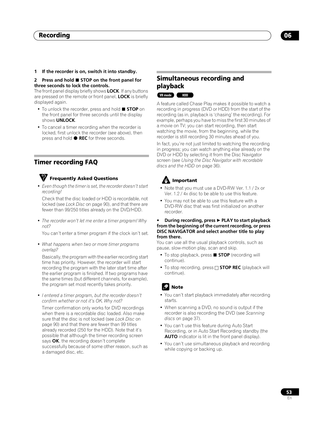 Pioneer PRV-9200 operating instructions Timer recording FAQ, Simultaneous recording and playback 