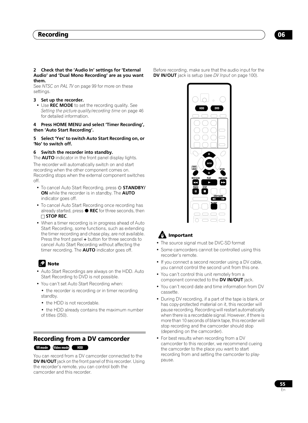 Pioneer PRV-9200 Recording from a DV camcorder, See Ntsc on PAL TV on page 99 for more on these settings 