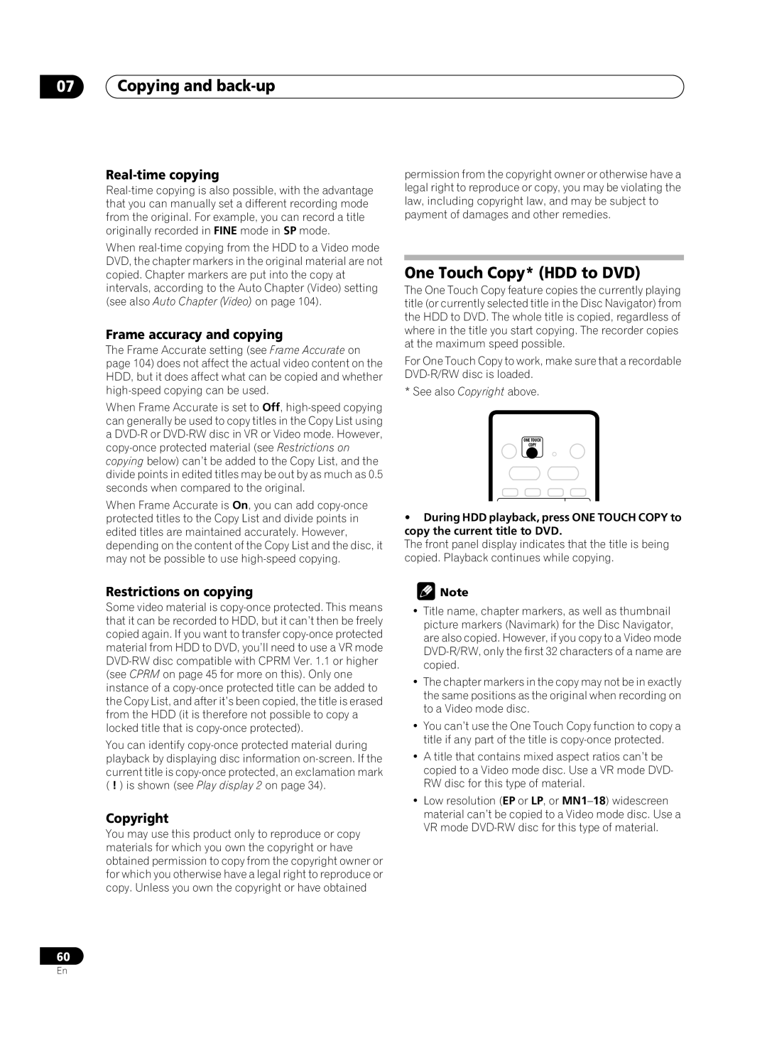 Pioneer PRV-9200 operating instructions Copying and back-up, One Touch Copy* HDD to DVD 