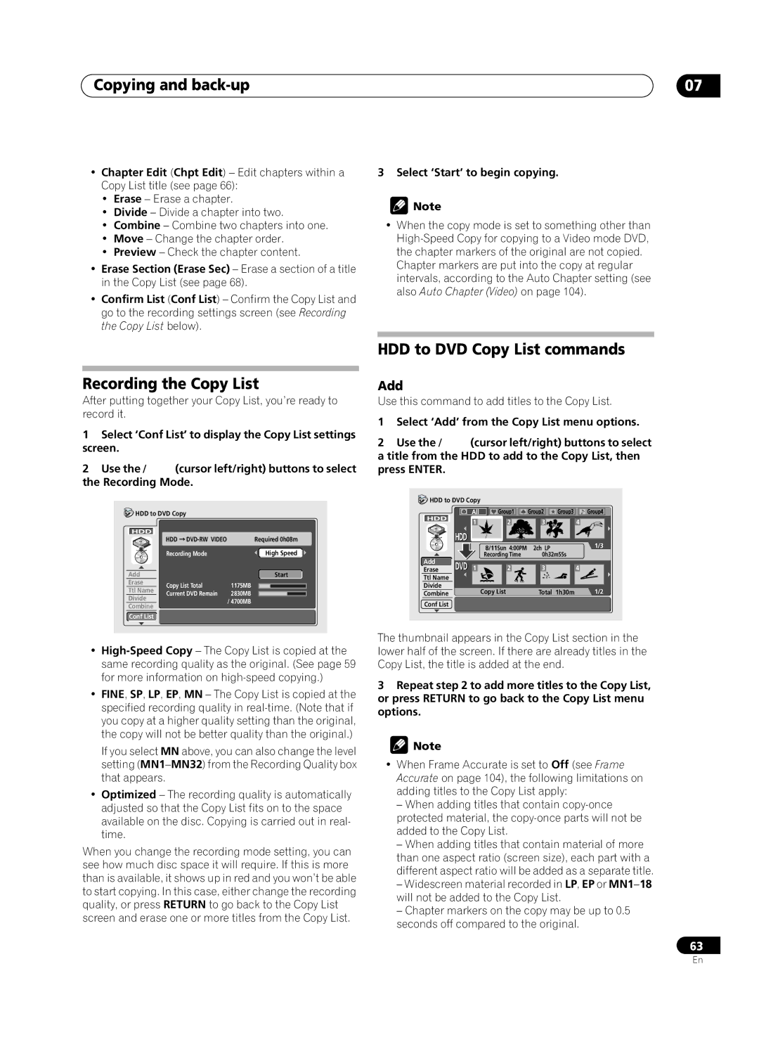Pioneer PRV-9200 Recording the Copy List, HDD to DVD Copy List commands, Add, Select ‘Start’ to begin copying 