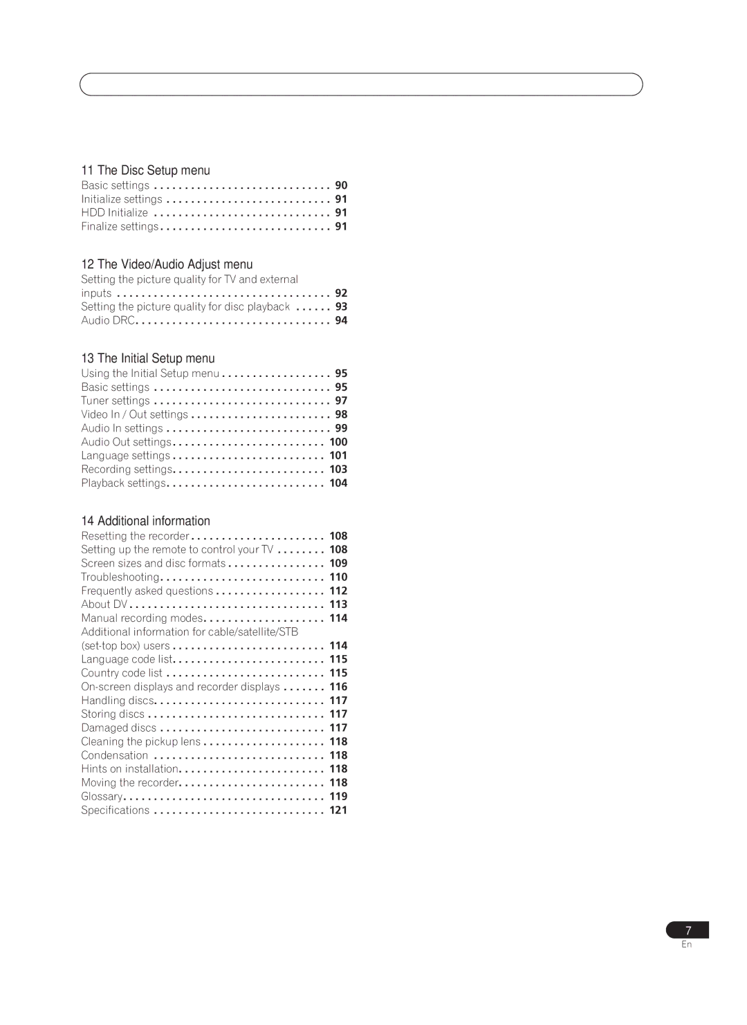 Pioneer PRV-9200 Disc Setup menu, Video/Audio Adjust menu, Initial Setup menu, Additional information 