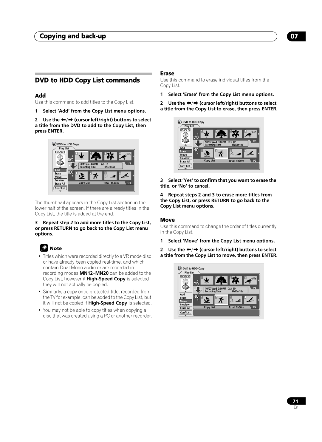 Pioneer PRV-9200 operating instructions Copying and back-up DVD to HDD Copy List commands, Add 