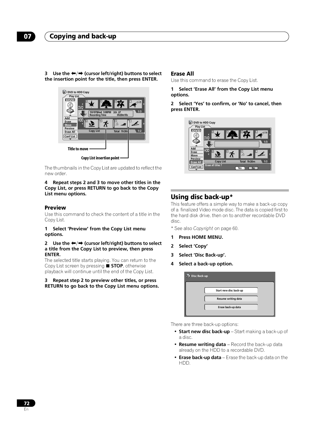 Pioneer PRV-9200 operating instructions Using disc back-up, Title to move Copy List insertion point, Hdd 