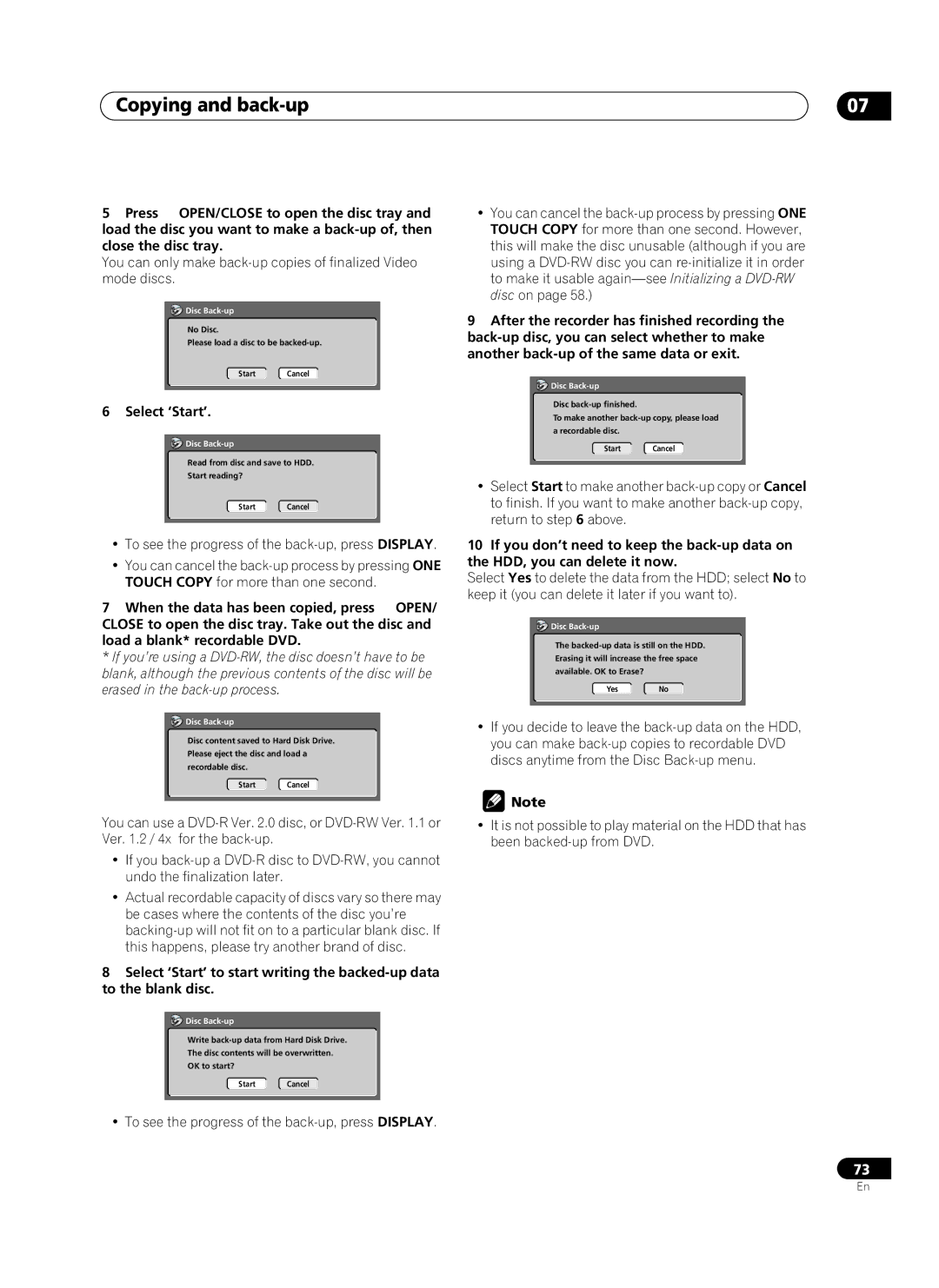 Pioneer PRV-9200 operating instructions No Disc Please load a disc to be backed-up Start Cancel 