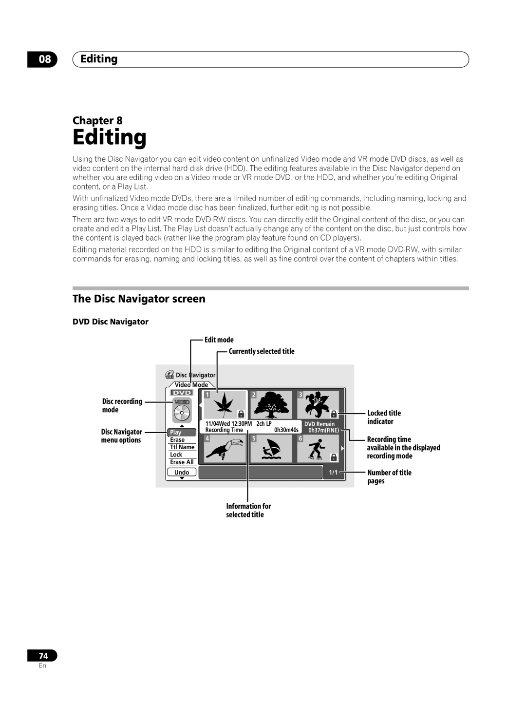 Pioneer PRV-9200 operating instructions Editing Chapter, Disc Navigator screen 