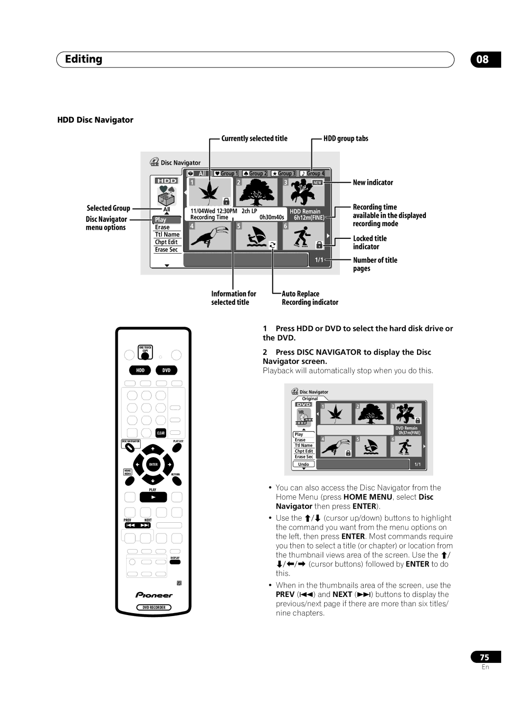 Pioneer PRV-9200 operating instructions Editing, HDD Disc Navigator, HDD group tabs, Auto Replace 