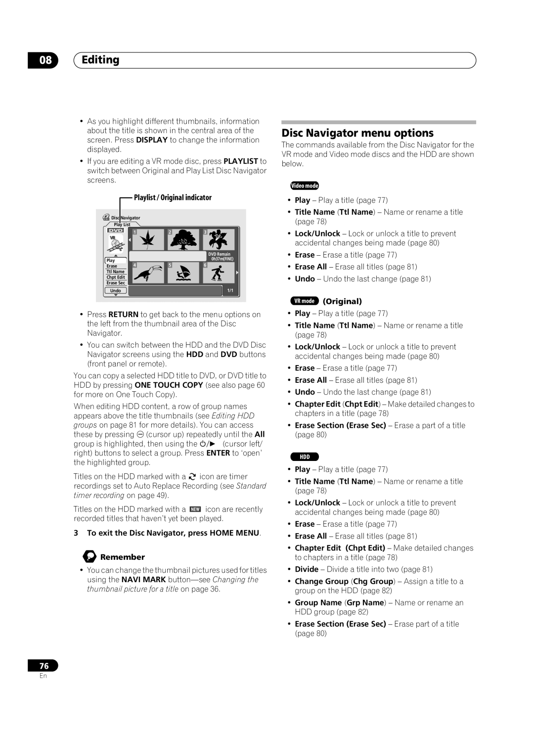 Pioneer PRV-9200 operating instructions Disc Navigator menu options, Playlist / Original indicator 