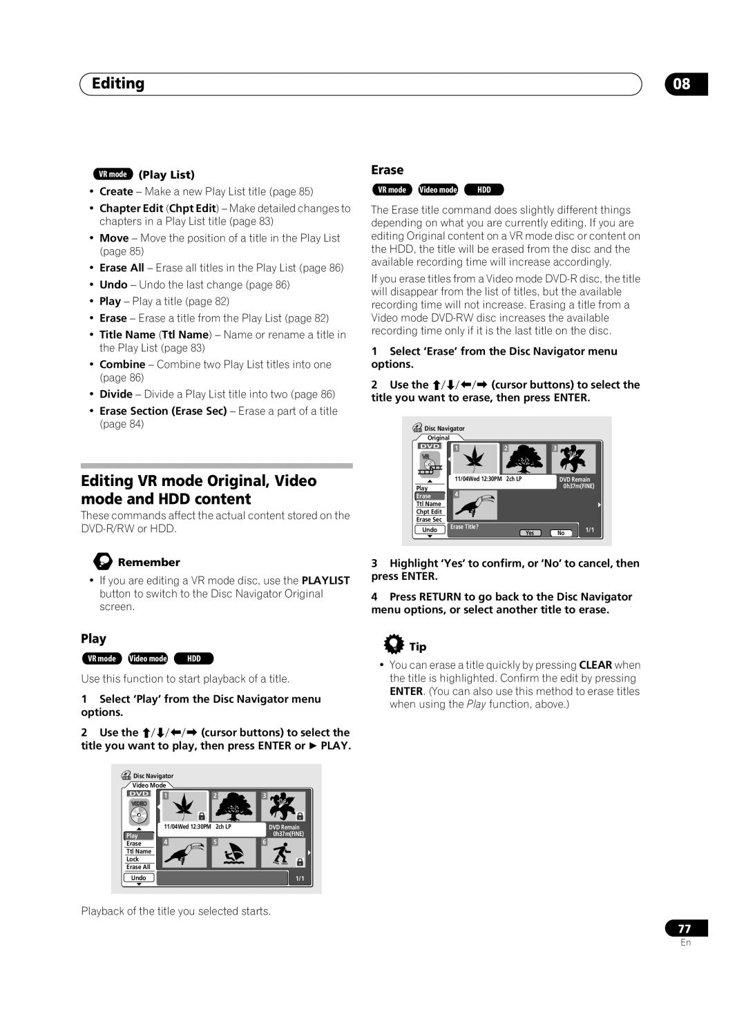 Pioneer PRV-9200 operating instructions Editing VR mode Original, Video mode and HDD content, VR mode Play List 