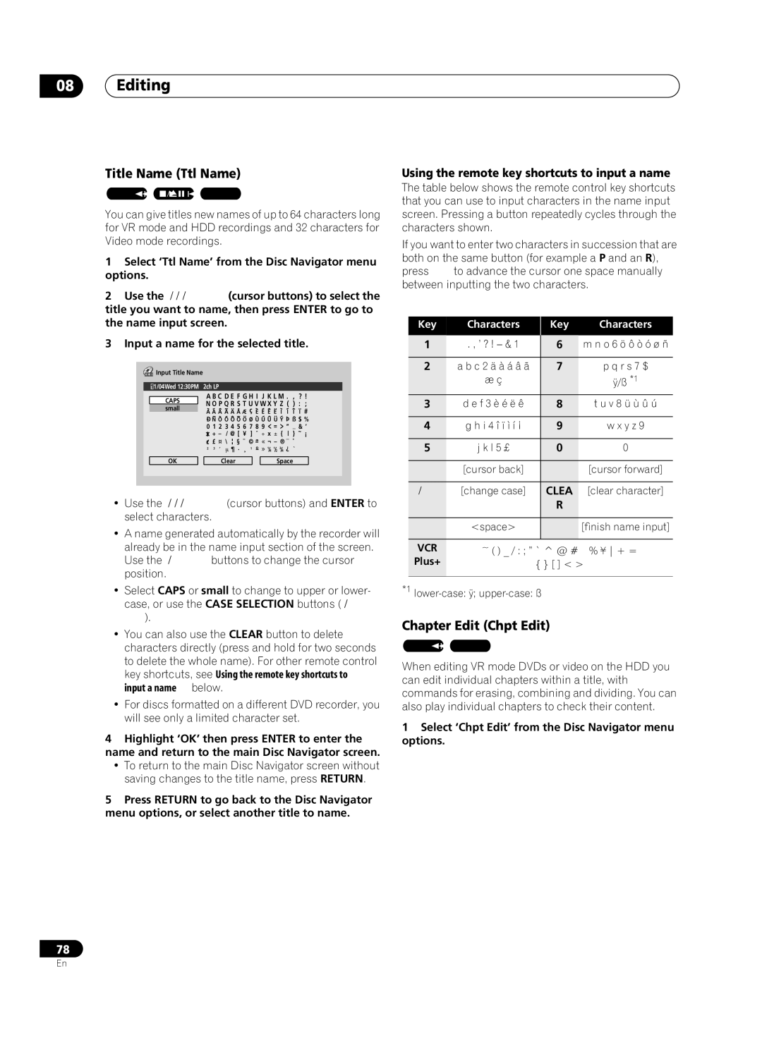 Pioneer PRV-9200 operating instructions Using the remote key shortcuts to input a name, Key Characters 