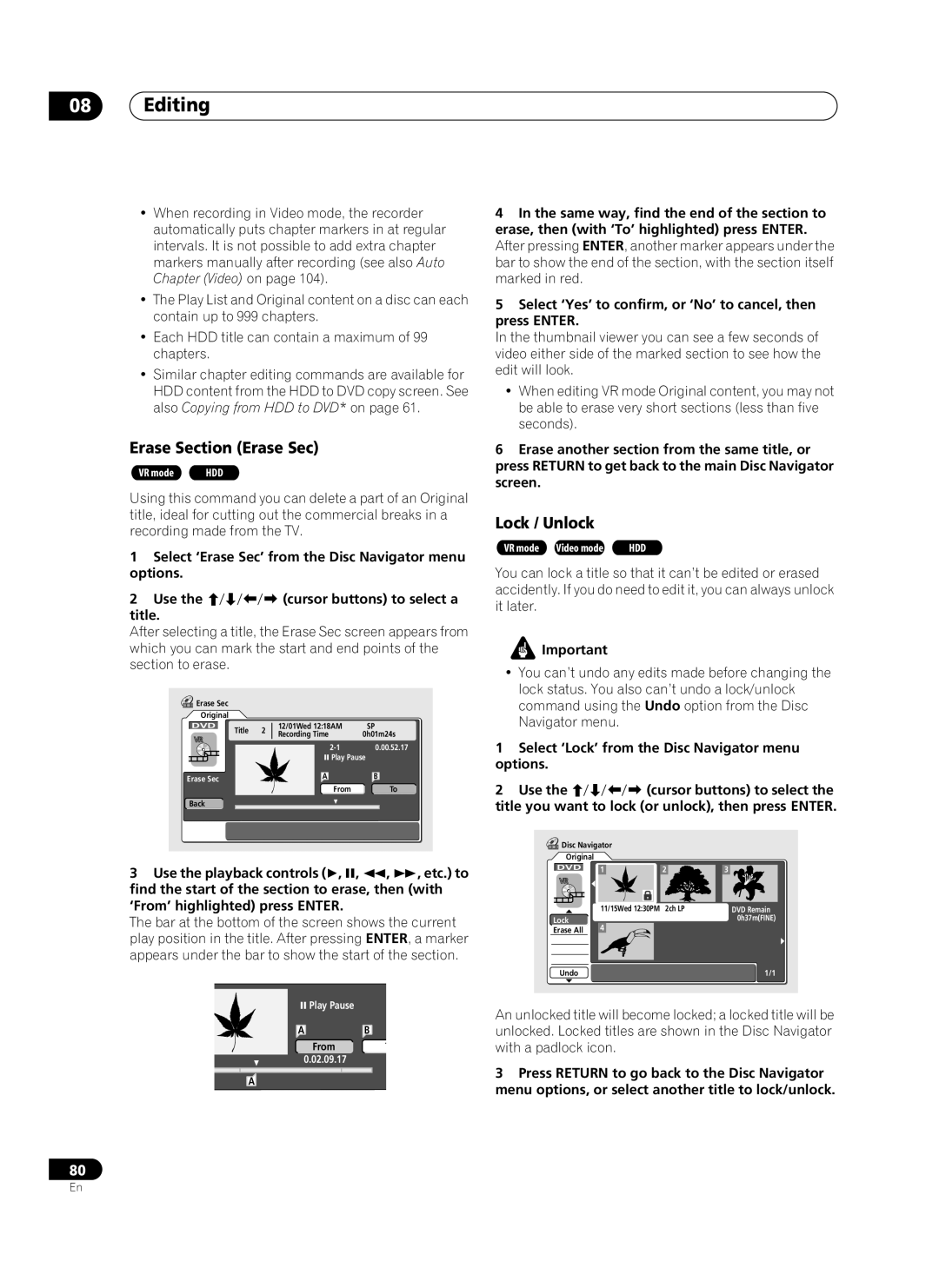 Pioneer PRV-9200 operating instructions Lock / Unlock, Select ‘Erase Sec’ from the Disc Navigator menu options Use, Title 