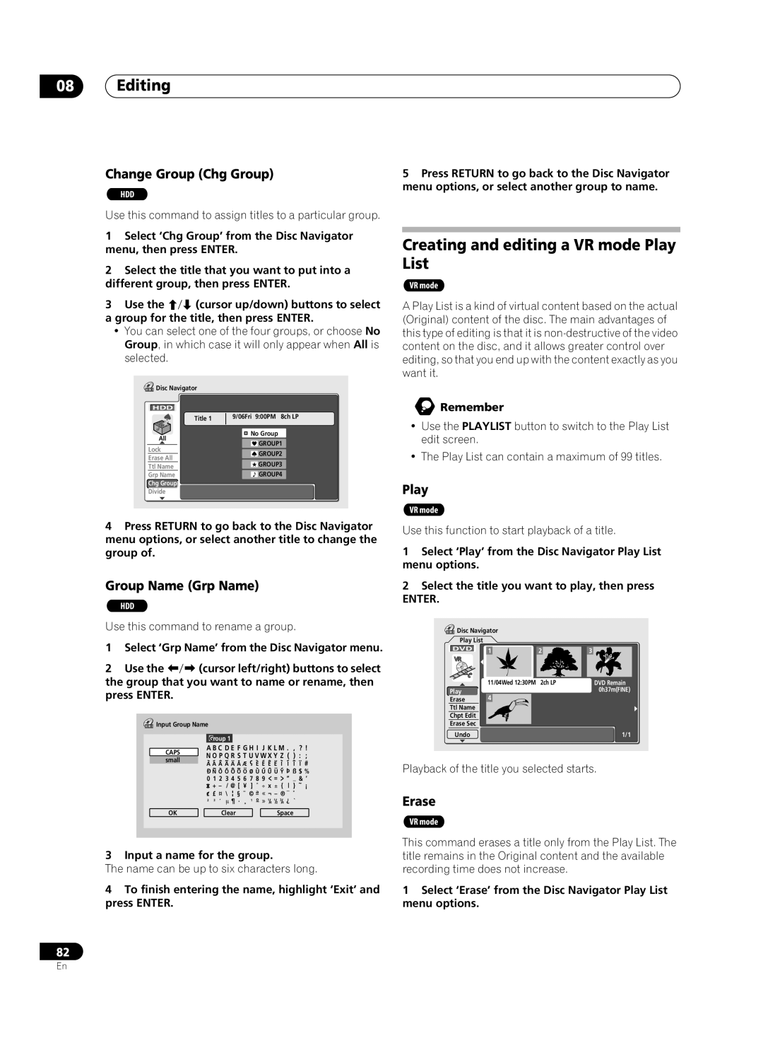 Pioneer PRV-9200 Creating and editing a VR mode Play List, Change Group Chg Group, Group Name Grp Name 