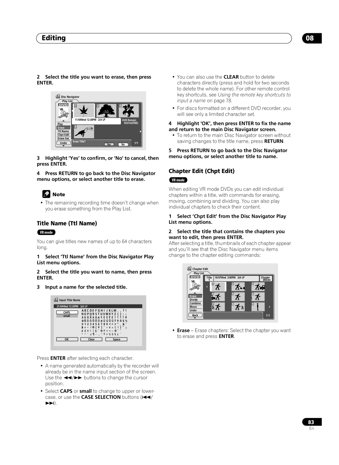 Pioneer PRV-9200 operating instructions Editing, Select ‘Ttl Name’ from the Disc Navigator Play, List menu options 