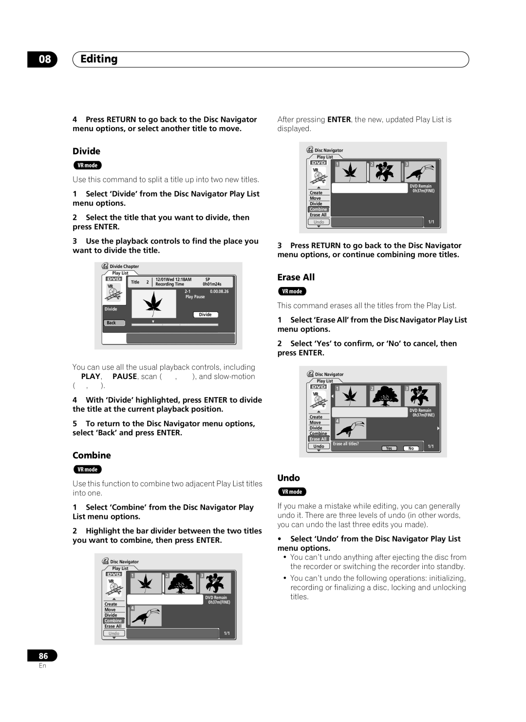 Pioneer PRV-9200 Select ‘Divide’ from the Disc Navigator Play List, Menu options, Want to divide the title 