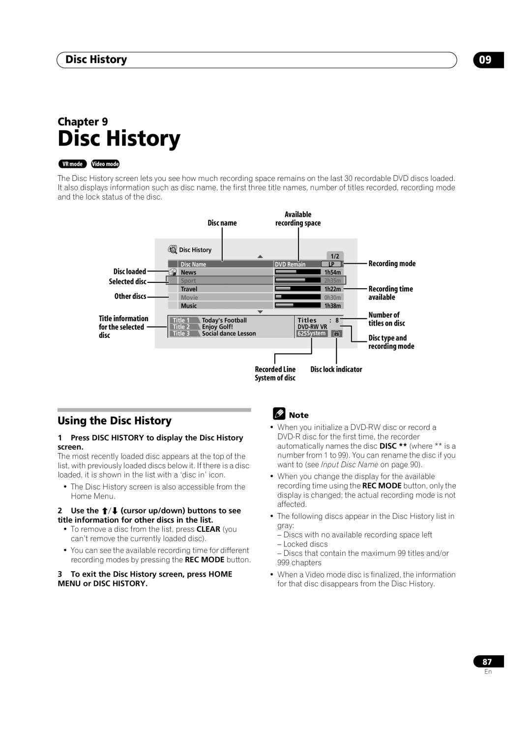 Pioneer PRV-9200 operating instructions Disc History Chapter, Using the Disc History 