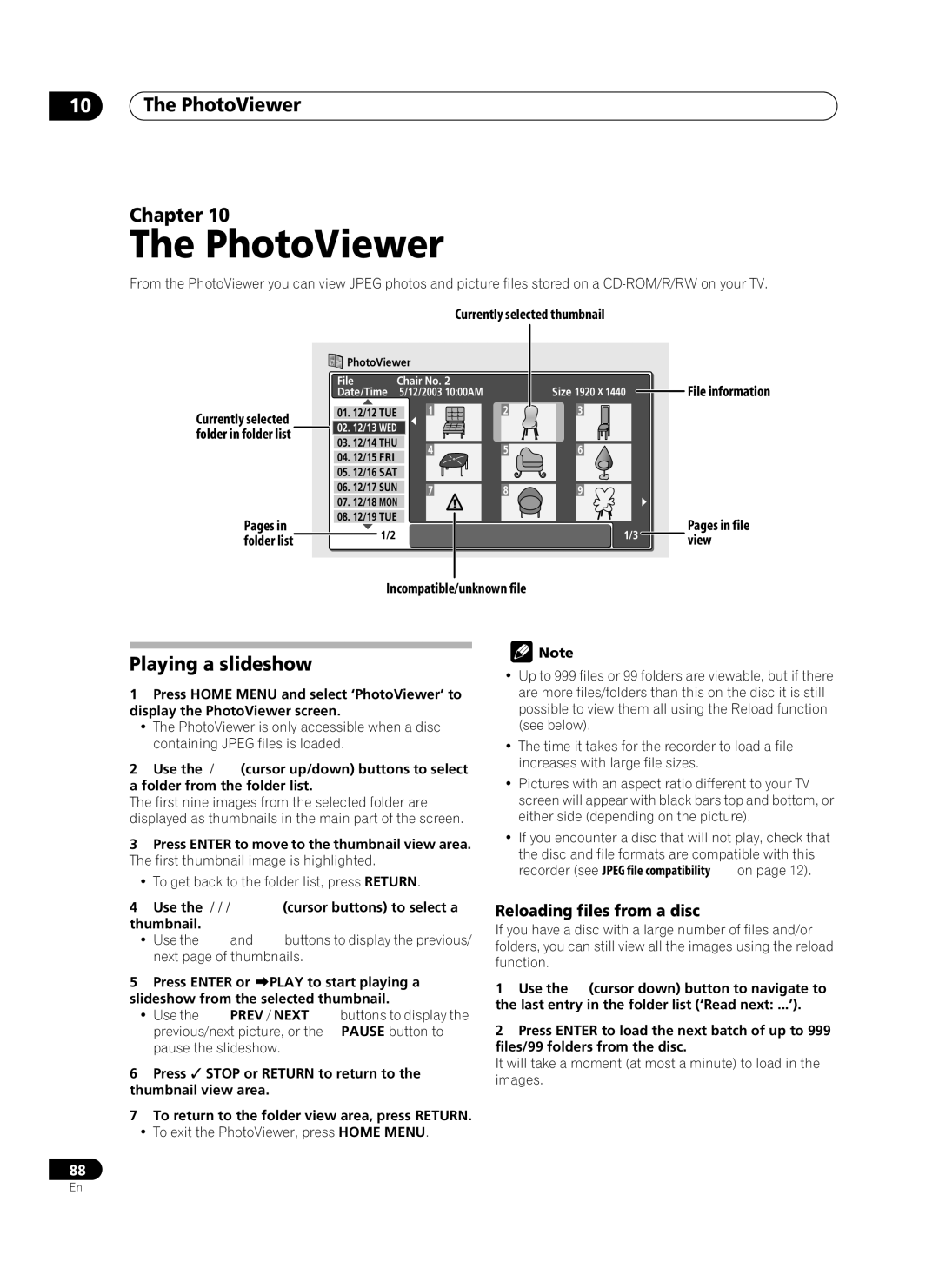 Pioneer PRV-9200 operating instructions PhotoViewer Chapter, Playing a slideshow, Reloading files from a disc 