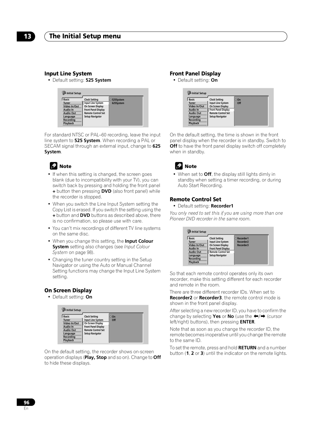 Pioneer PRV-9200 Initial Setup menu, Input Line System, On Screen Display, Front Panel Display, Remote Control Set 