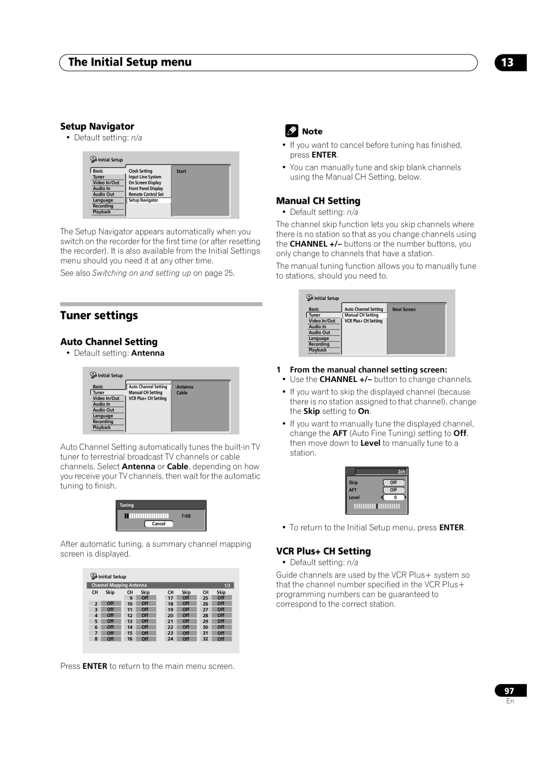 Pioneer PRV-9200 Tuner settings, Setup Navigator, Auto Channel Setting, Manual CH Setting, VCR Plus+ CH Setting 