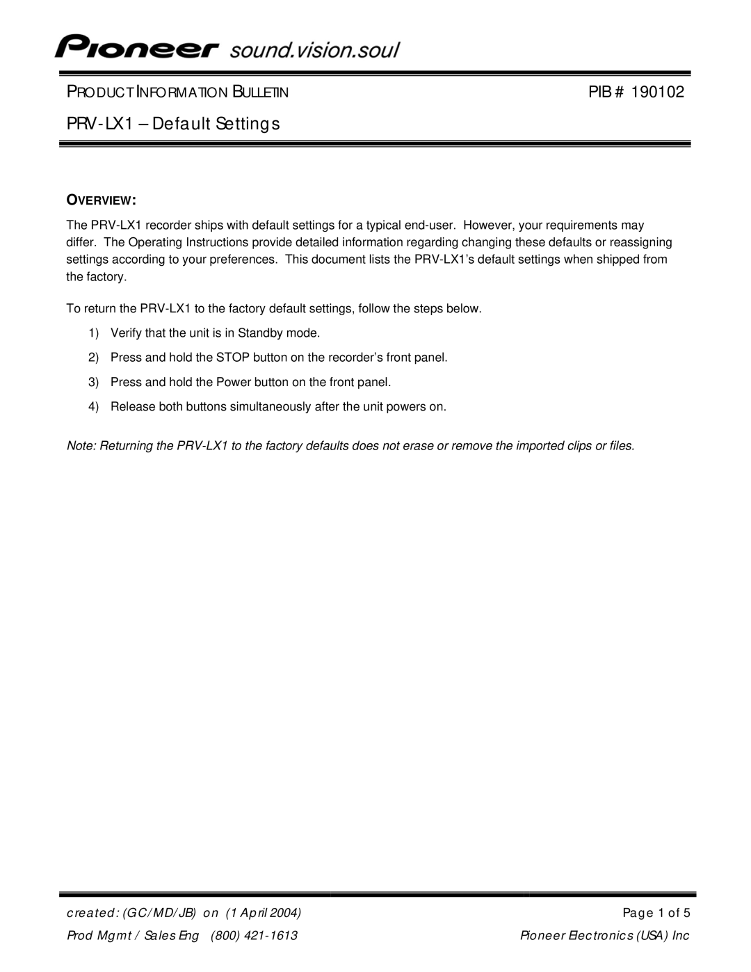 Pioneer operating instructions PRV-LX1 Default Settings 