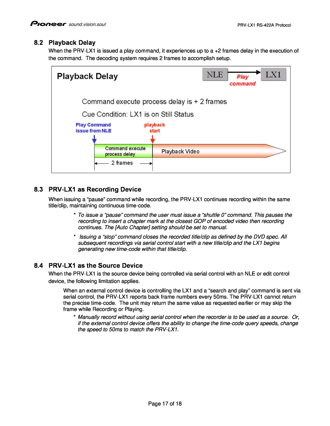 Pioneer manual Playback Delay, PRV-LX1as Recording Device, 8.4PRV-LX1as the Source Device 