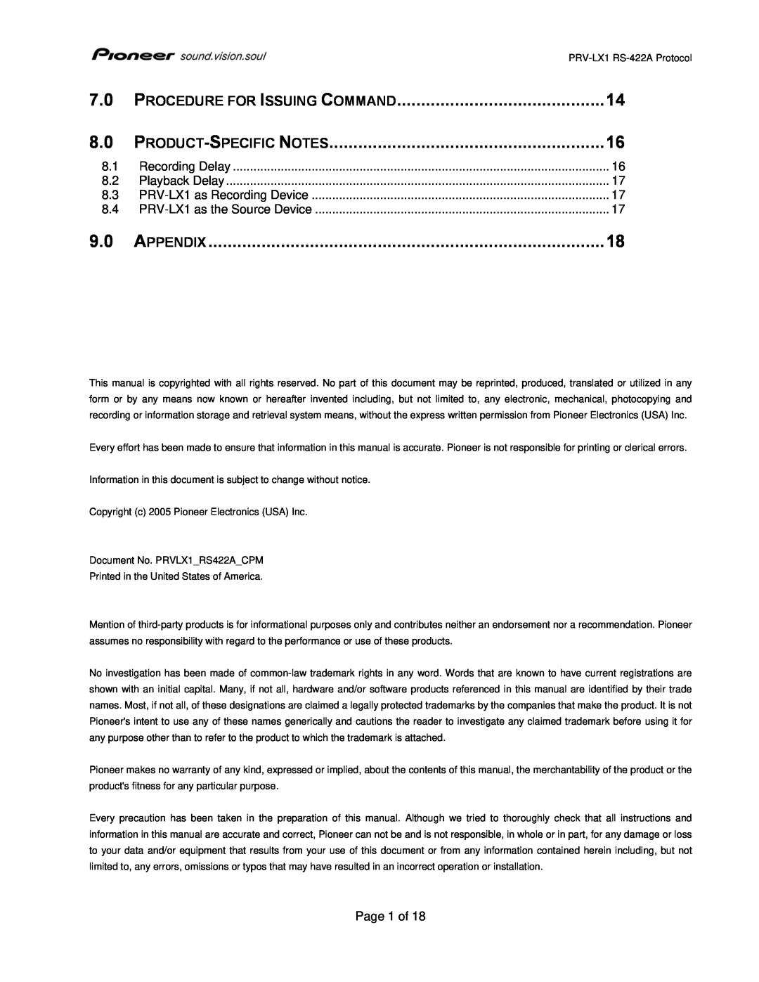 Pioneer PRV-LX1 manual Procedure For Issuing Command, Page 1 of, Product-Specific Notes 