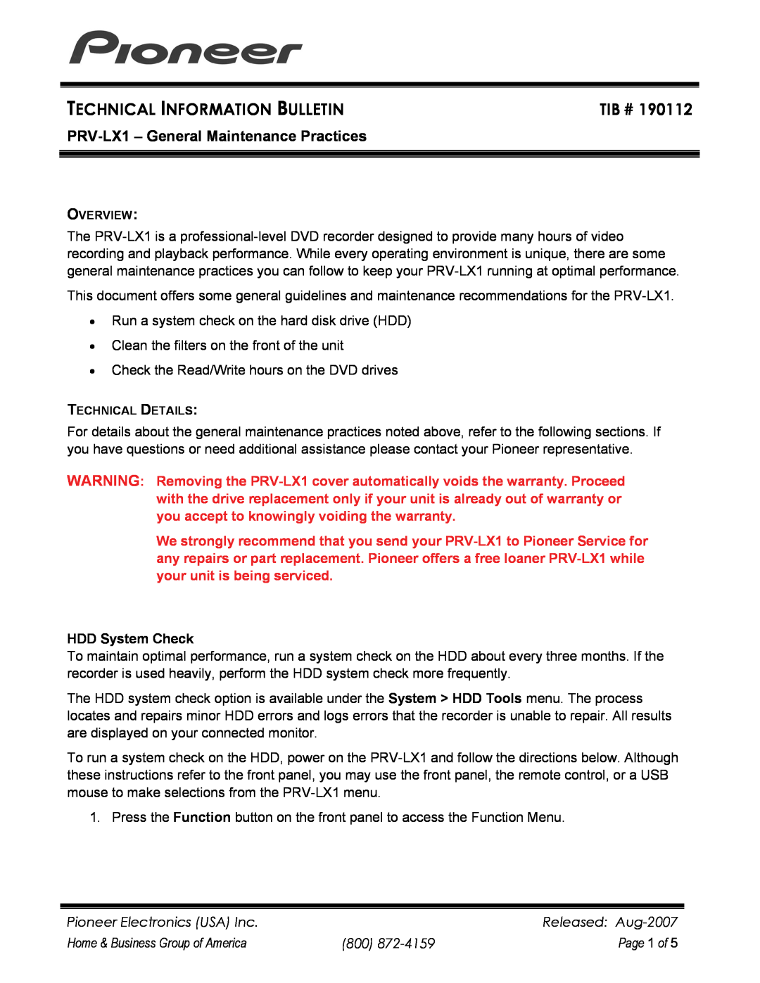 Pioneer PRV-LX1 warranty HDD System Check, Pioneer Electronics USA Inc, Released Aug-2007, Page 1 of, Tib # 
