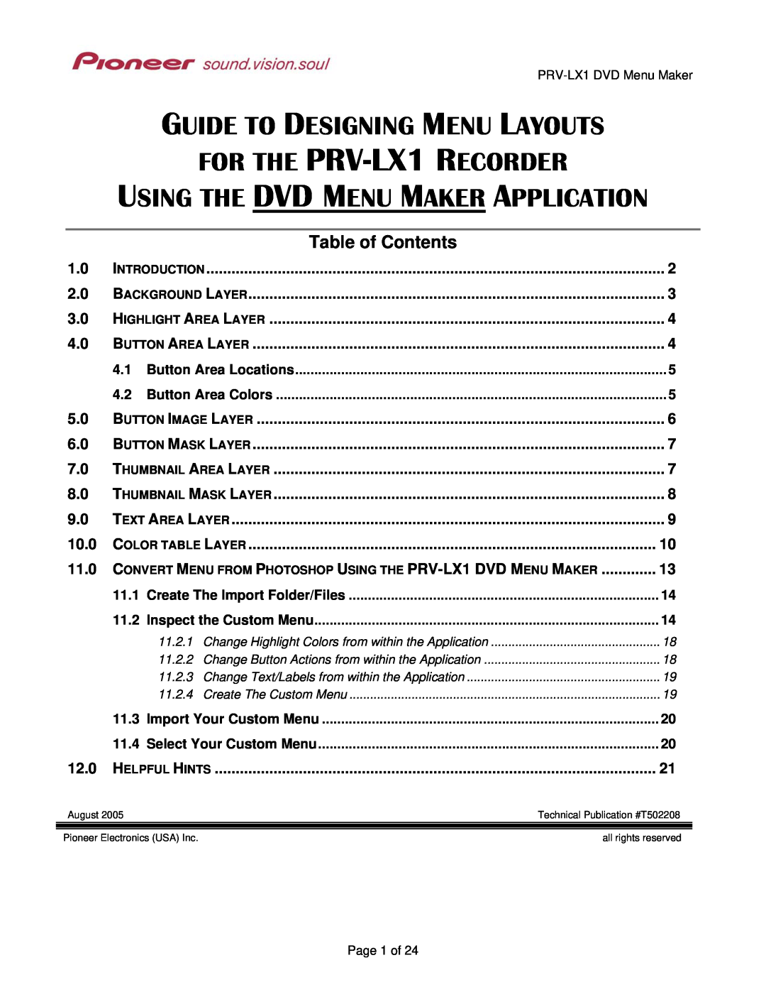 Pioneer PRV-LX1 manual Table of Contents, Foreword, Cabling, Command Table, RS-422ACommand Protocol Manual 
