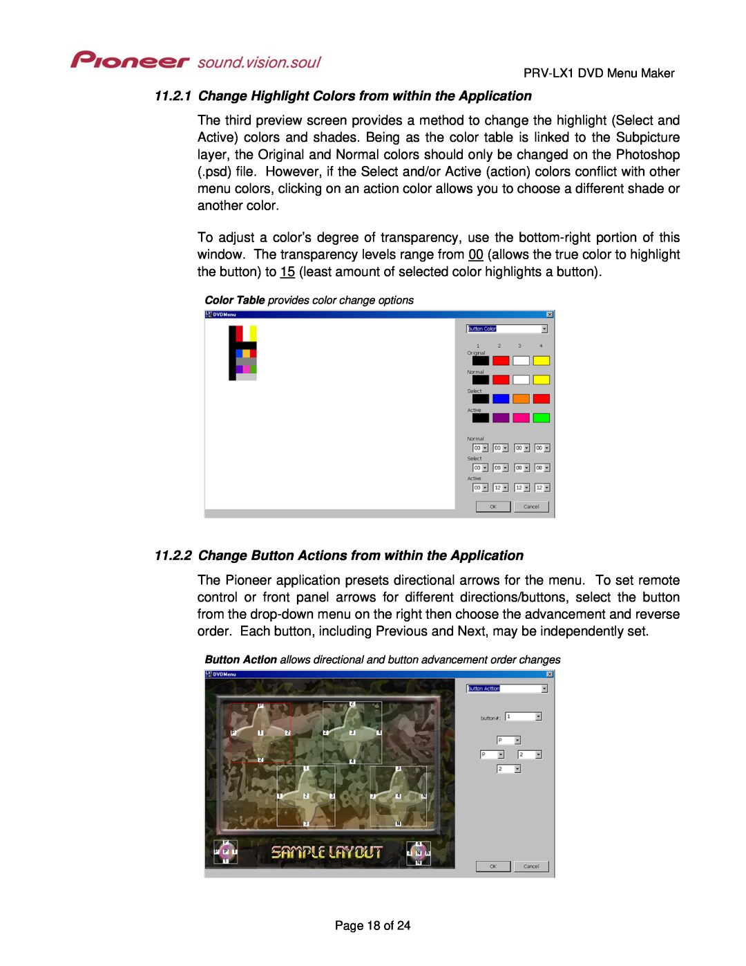 Pioneer manual PRV-LX1DVD Menu Maker, Page 18 of, Color Table provides color change options 
